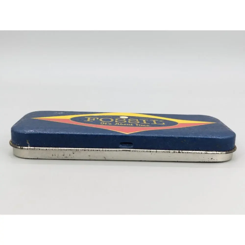 Vintage Fossil Watch Empty Box Tin Collectible 1990 Blue Red & Yellow